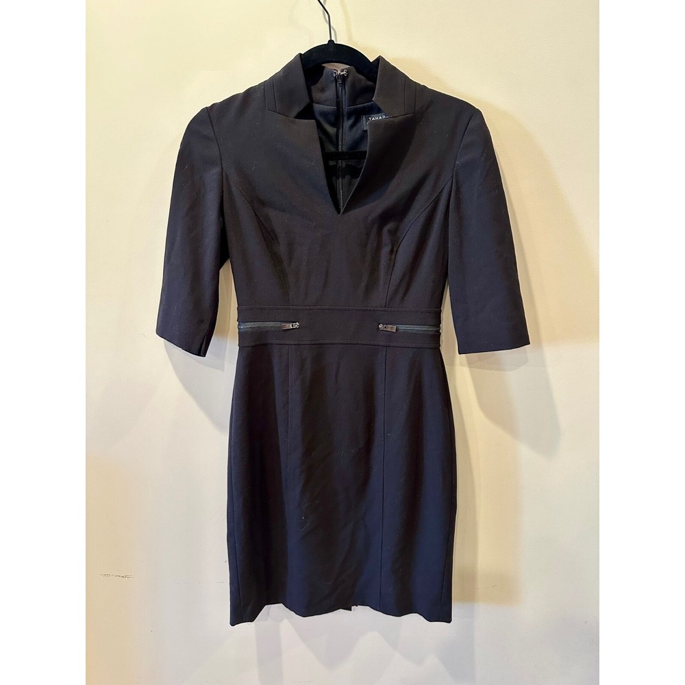 Tahari ASL Petite Sz 0 Classic Black LBD Sheath Dress Zipper Detail‎ Bi-Stretch